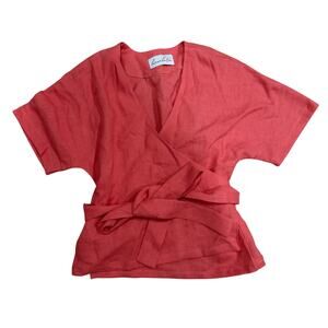 LINENLARA Salmon Pink Short Sleeve Handmade Linen Wrap Top Basic Size Medium